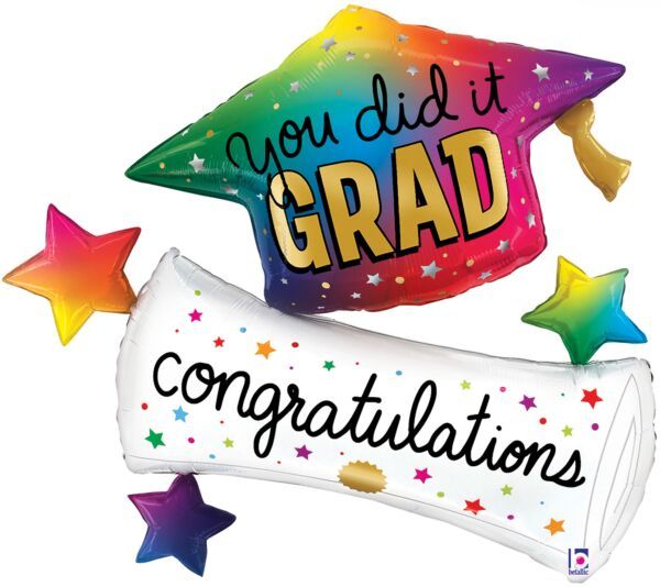 Rainbow Grad Hat Diploma - 35" Helium Filled Foil Balloon, Ribbon