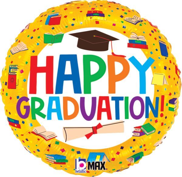 Happy Graduation Books - 18" Helium Filled Foil Balloon, Ribbon