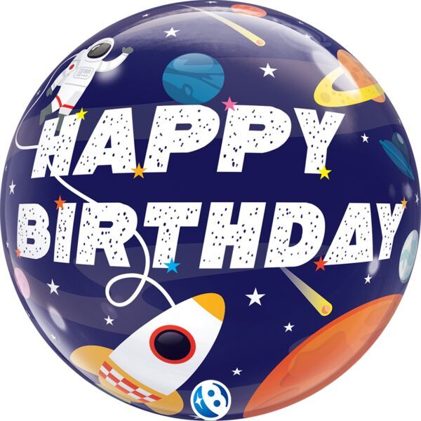 Birthday Outer Space - 22" Helium Filled Bubble Balloon, Ribbon