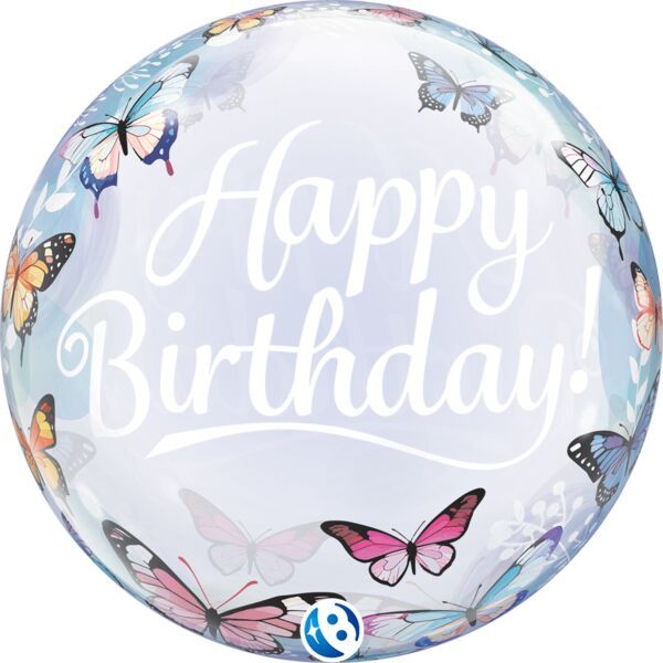 Birthday Soft Butterflies - 22" Helium Filled Bubble Balloon, Ribbon