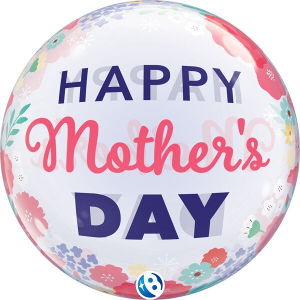 Mother's Day Floral Pastel - 22" Helium Filled Bubble Balloon, Ribbon
