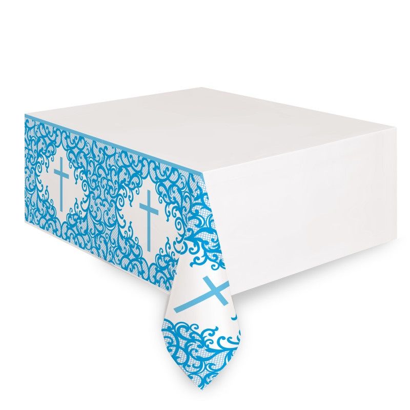 Fancy Blue Cross Rectangular Plastic Table Cover  54" x 84"