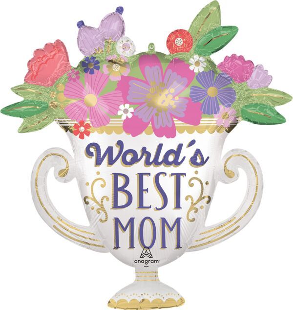 Satin World's Best Mom Trophy - 30" Helium Filled Foil Balloon, Ribbon