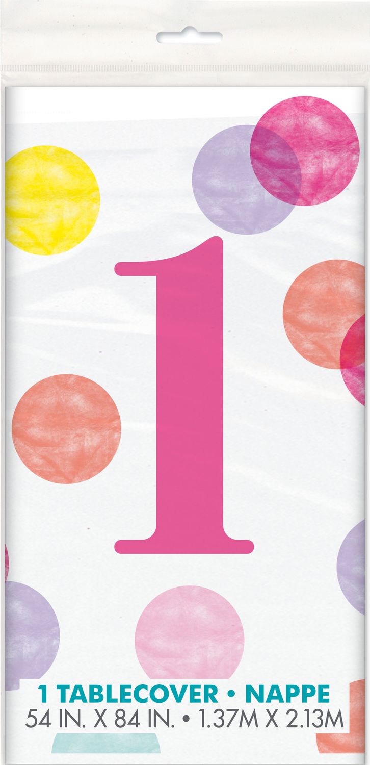 1st Birthday Pink Dots  Rect. Plastic Tablecover 54" X 84"