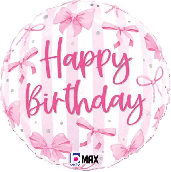 Pretty Pink Bow Birthday - 18" Helium Filled Foil Balloon, Ribbon