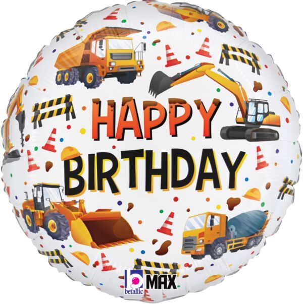 Construction Equipment Birthday - 18" Helium Filled Foil Balloon, Ribbon