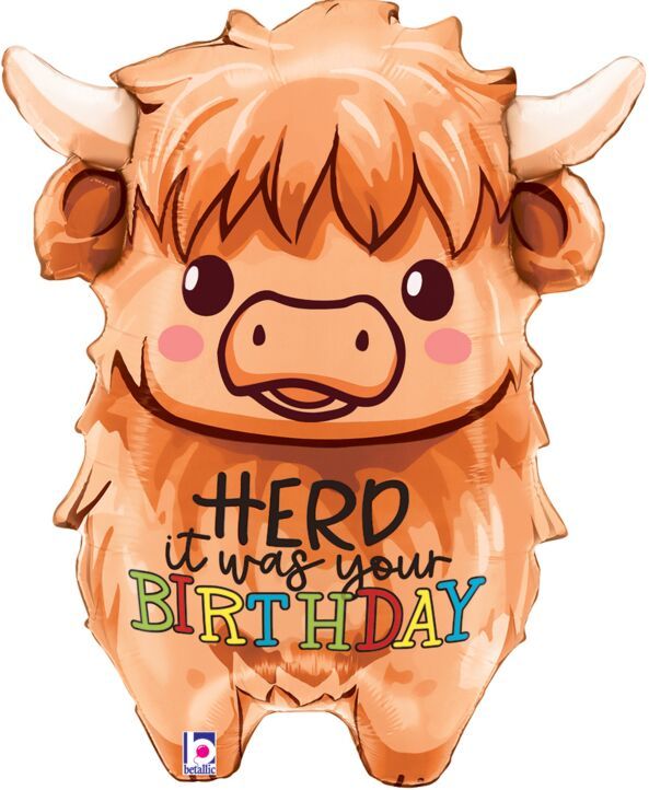Highland Cow Birthday  - 27" Helium Filled Foil Balloon, Ribbon