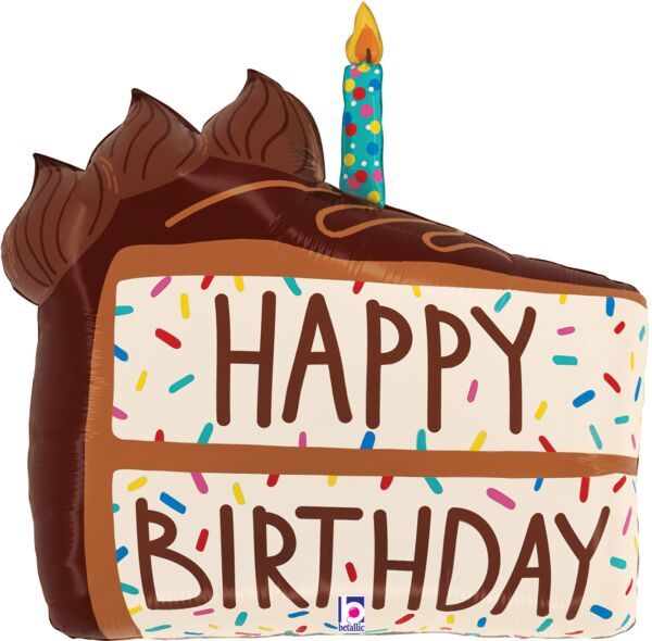 Birthday Chocolate Cake Slice - 28" Helium Filled Foil Balloon, Ribbon