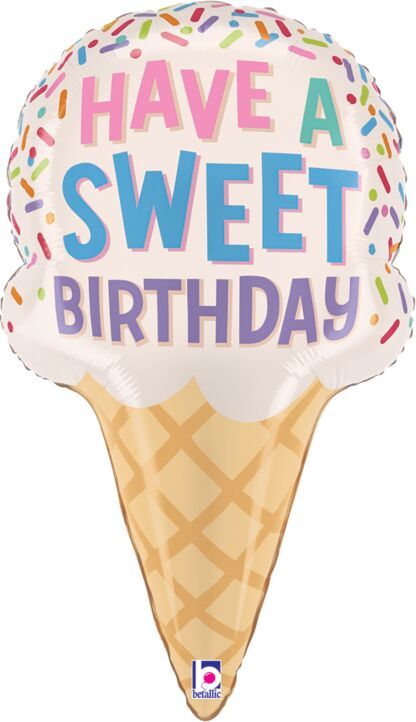 Sweet Birthday Ice Cream Cone - 28" Helium Filled Foil Balloon, Ribbon