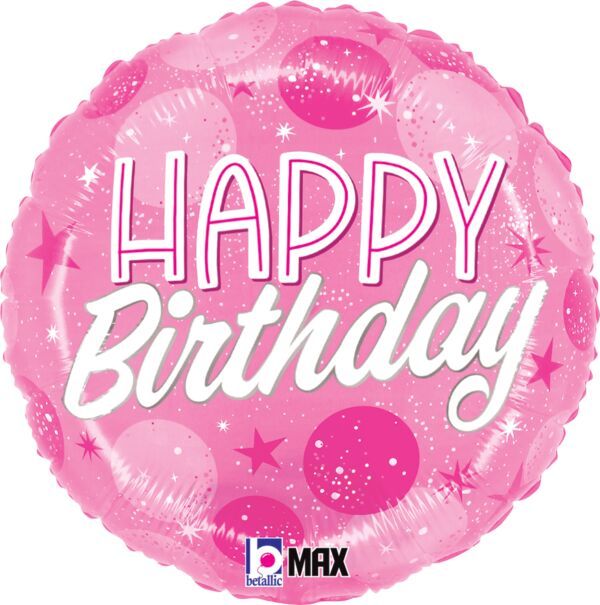 Birthday Pink Sparkle Dots - 18" Helium Filled Foil Balloon, Ribbon