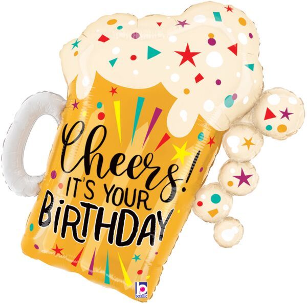 Birthday Fun Confetti Beer - 27" Helium Filled Foil Balloon, Ribbon