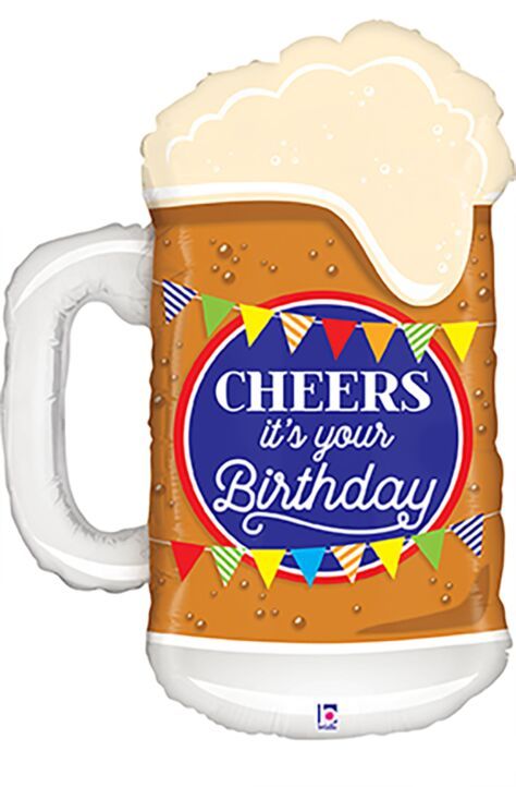 Cheers Birthday Beer - 34" Helium Filled Foil Balloon, Ribbon