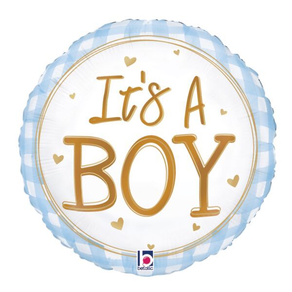 Baby Boy Gingham - 18" Helium Filled Foil Balloon, Ribbon