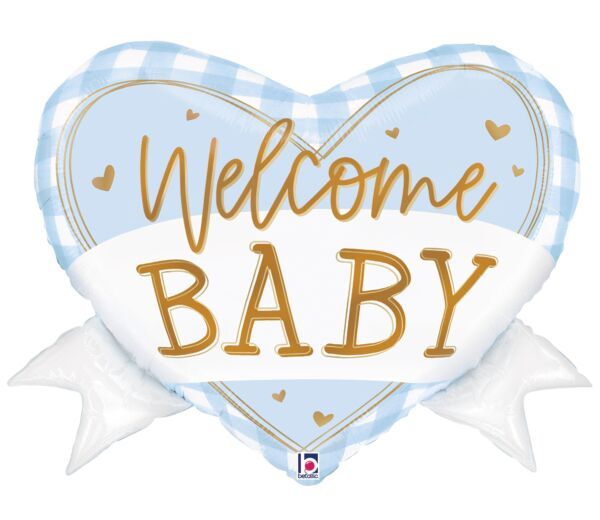 Blue Gingham Baby Heart Banner - 28" Helium Filled Foil Balloon, Ribbon