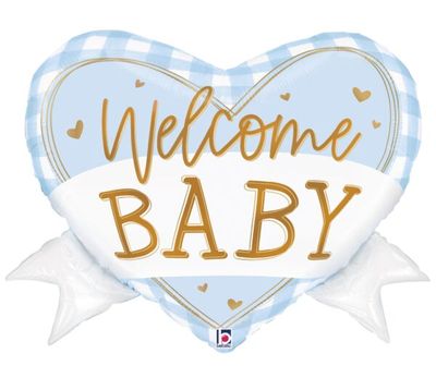 Blue Gingham Baby Heart Banner - 28" Helium Filled Foil Balloon, Ribbon