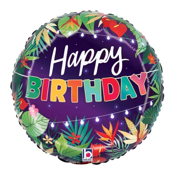 Tropical Birthday Lights - 18" Helium Filled Foil Balloon, Ribbon