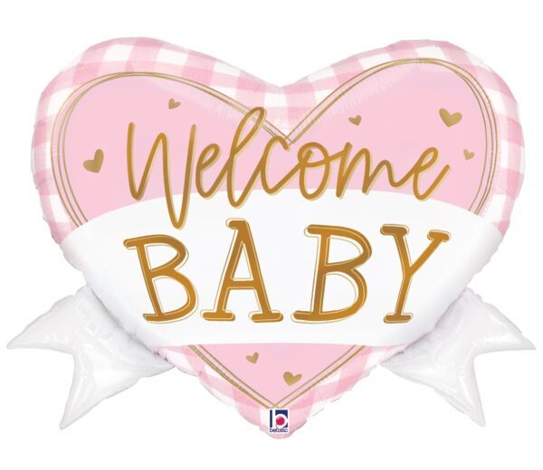 Pink Gingham Baby Heart Banner - 28" Helium Filled Foil Balloon, Ribbon