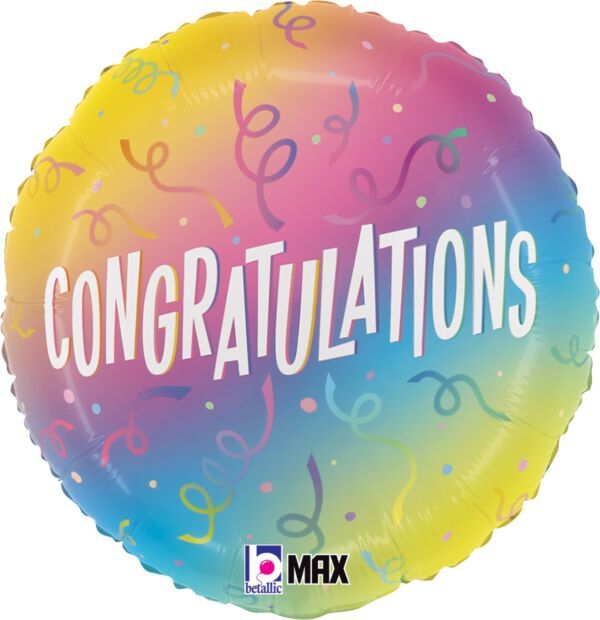 Congratulations Ombre - 18" Helium Filled Foil  Shaped Balloon, Ribbon