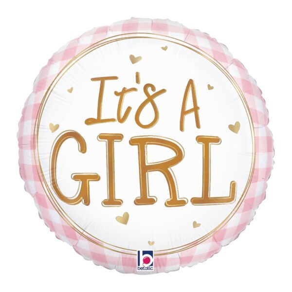 Baby Girl Gingham - 18" Helium Filled Foil Balloon, Ribbon