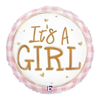 Baby Girl Gingham - 18" Helium Filled Foil Balloon, Ribbon