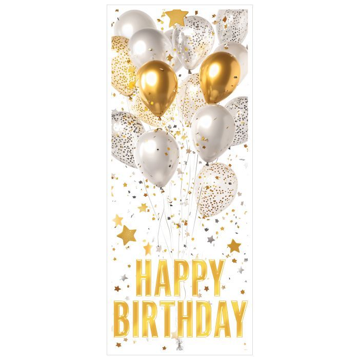 Happy Birthday Door Cover White and Gold 6' x 30"