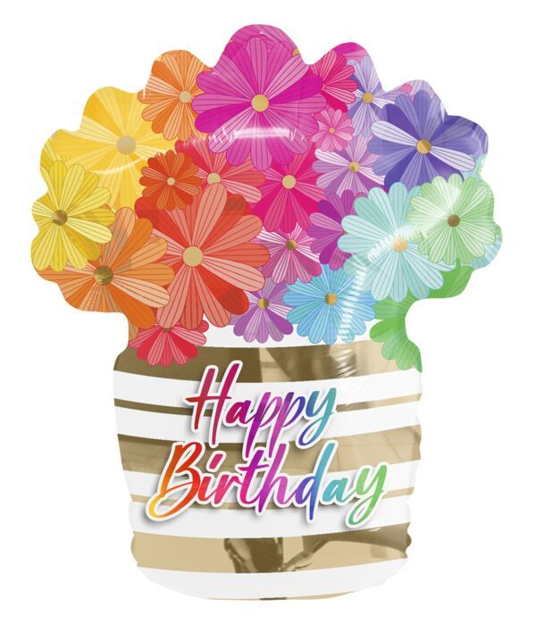 Happy Bday Colored Poppy - 31" Helium Filled Foil Balloon, Ribbon
