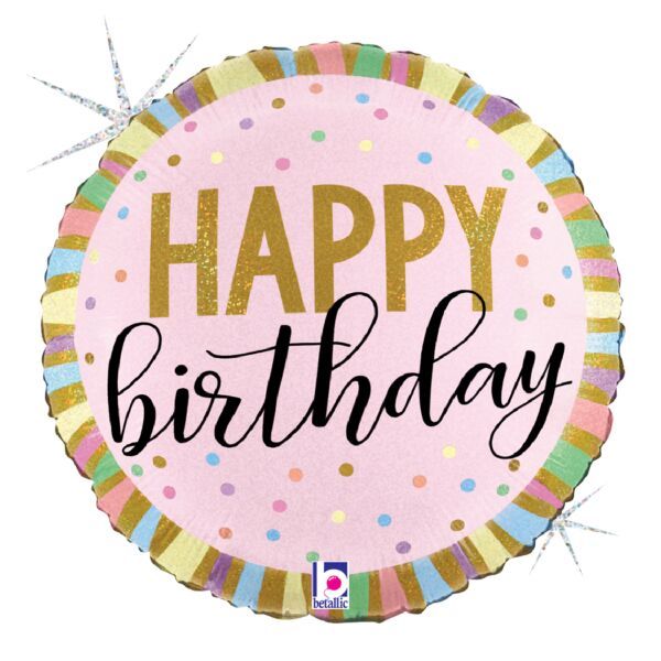 Pastel Birthday Stripes - 45" Helium Filled Foil Balloon, Ribbon