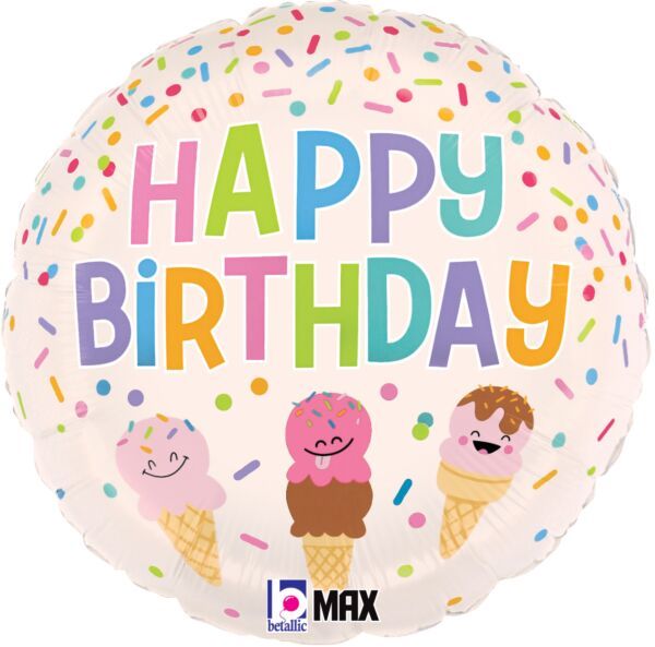 Happy Birthday Ice Cream Cones - 18" Helium Filled Foil Balloon, Ribbon
