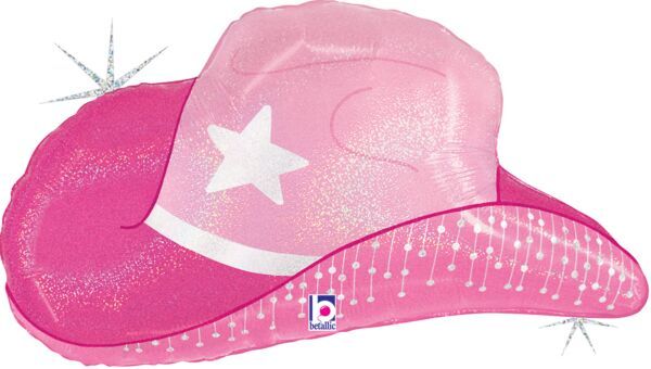 Pink Cowgirl Hat  - 26" Helium Filled Foil Balloon, Ribbon