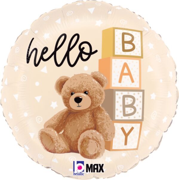 Hello Baby Teddy Bear- 18" Helium Filled Foil Balloon, Ribbon