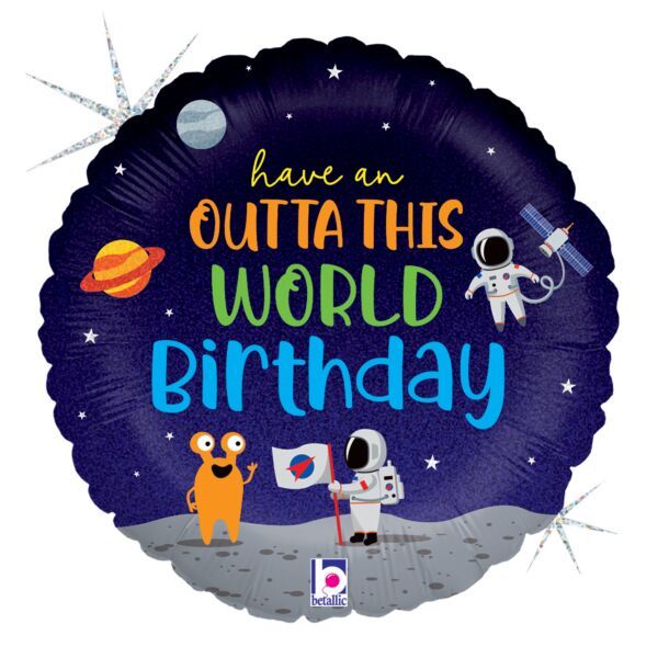 Outta This World Holographic - 18" Helium Filled Foil Balloon, Ribbon