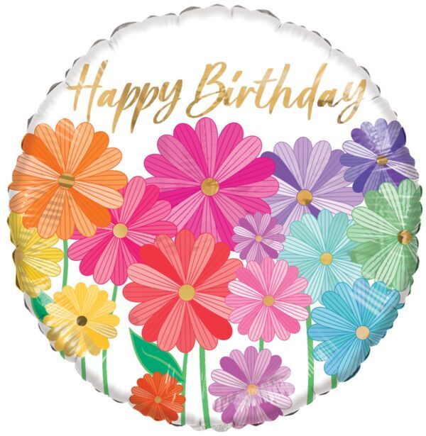 Happy Bday Colored Poppy - 18" Helium Filled Foil Balloon, Ribbon