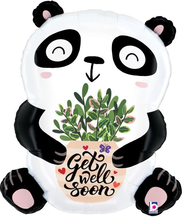 Get Well Soon Panda - 30" Helium Filled Foil  Shaped Balloon, Ribbon