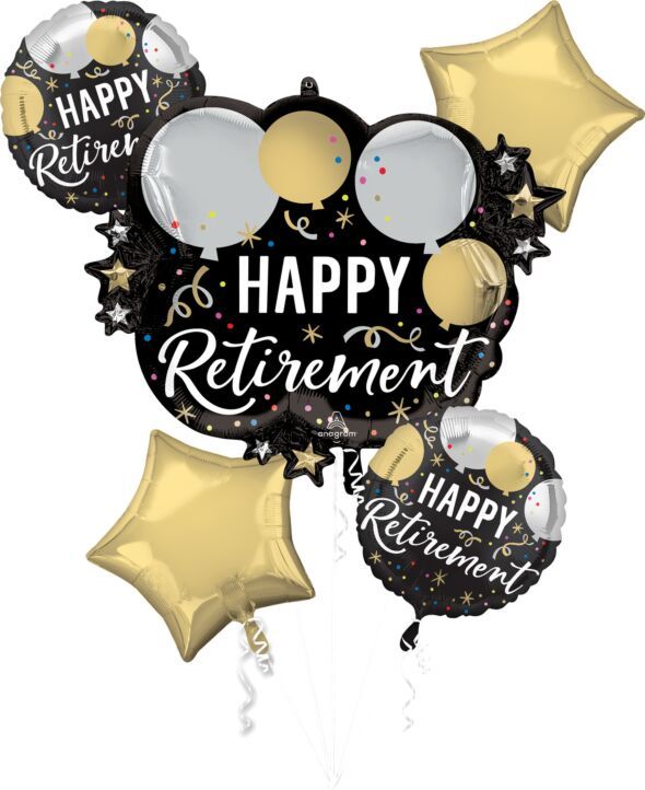 Bouquet Black Silver Gold Retirement- Helium Filled Foil Balloon, Ribbon and Basic Weight