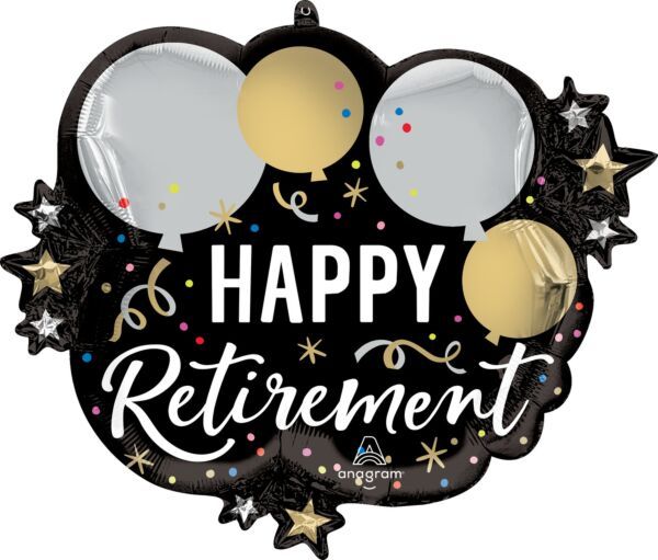 Black Silver Gold Retirement- 28"  Helium Filled Foil Balloon, Ribbon