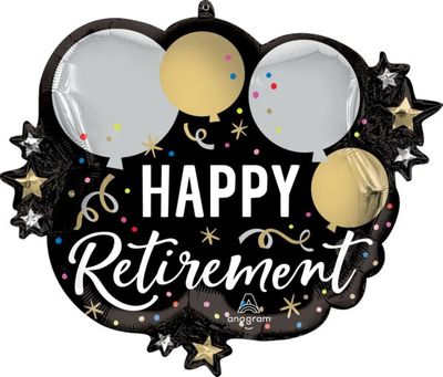 Black Silver Gold Retirement- 28"  Helium Filled Foil Balloon, Ribbon