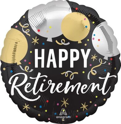 Black Silver Gold Retirement- 17"  Helium Filled Foil Balloon, Ribbon