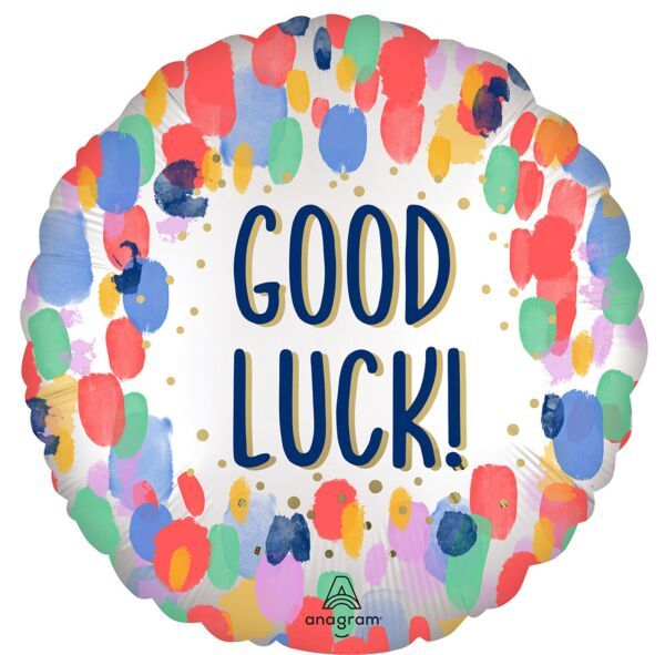 Satin Painterly Dots Good Luck - 17" Helium Filled Foil Balloon, Ribbon