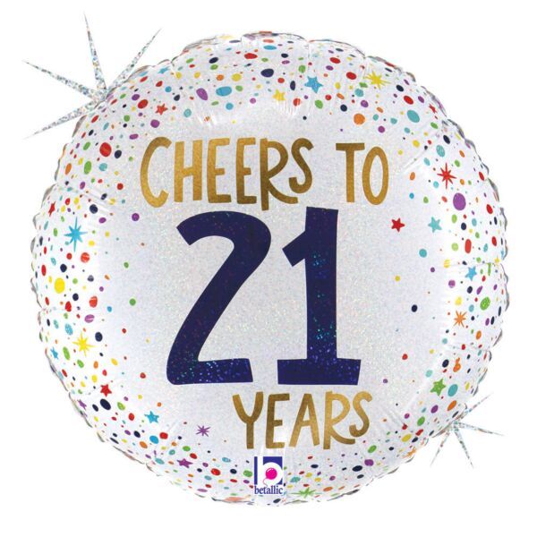 Cheers to 21 Years - Holographic - 18" Helium Filled Foil  Shaped Balloon, Ribbon
