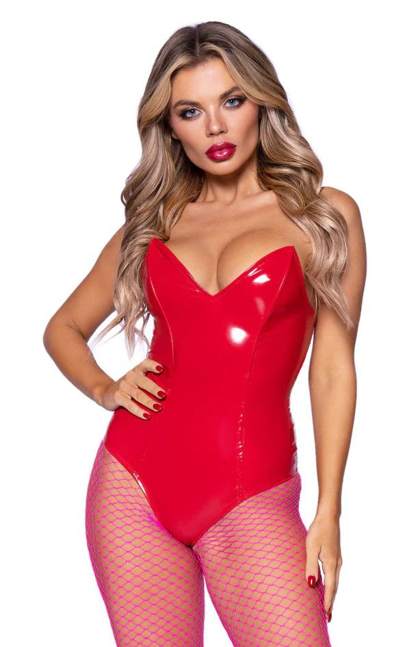 Vinyl Boned Bodysuit Red -