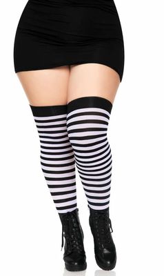 Plus Size Nylon Striped Thigh Highs - Black/White