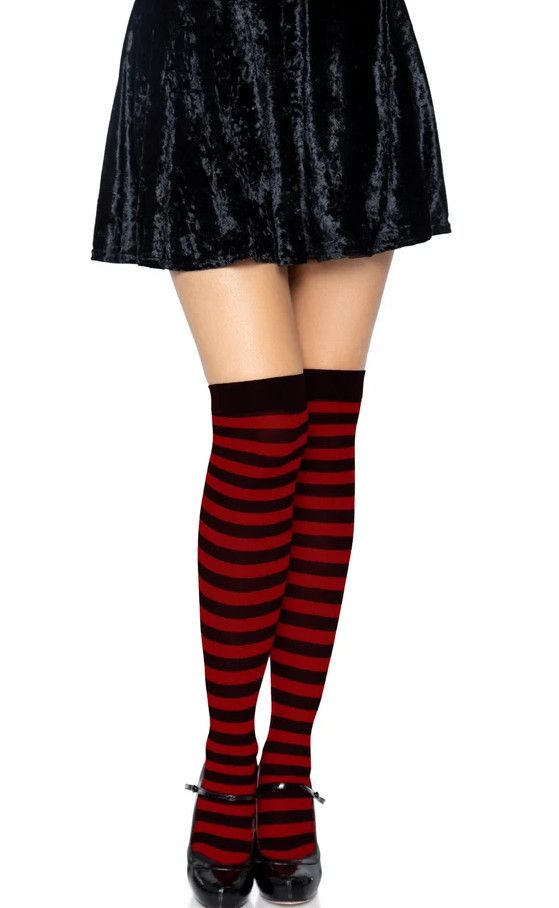 Nylon Striped Thigh Highs -Black/Red