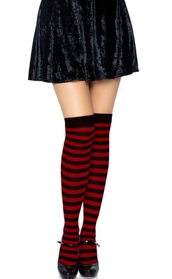 Nylon Striped Thigh Highs -Black/Red