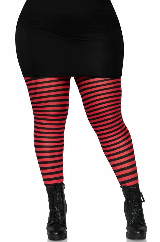 Plus Size Nylon Striped Tights - Black/Red