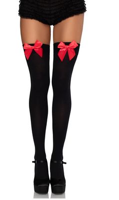 Opaque Thigh Highs w/ Satin Bow - B/R