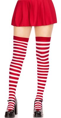 Nylon Striped Thigh Highs - White/Red