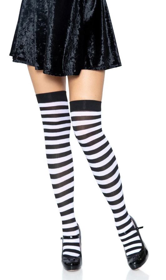 Nylon Striped Thigh Highs - Black/White