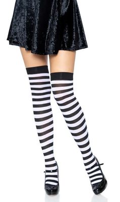 Nylon Striped Thigh Highs - Black/White