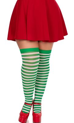 Plus Size Nylon Striped Thigh Highs - White/Green