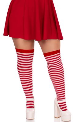 Plus Size Nylon Striped Thigh Highs - White/Red